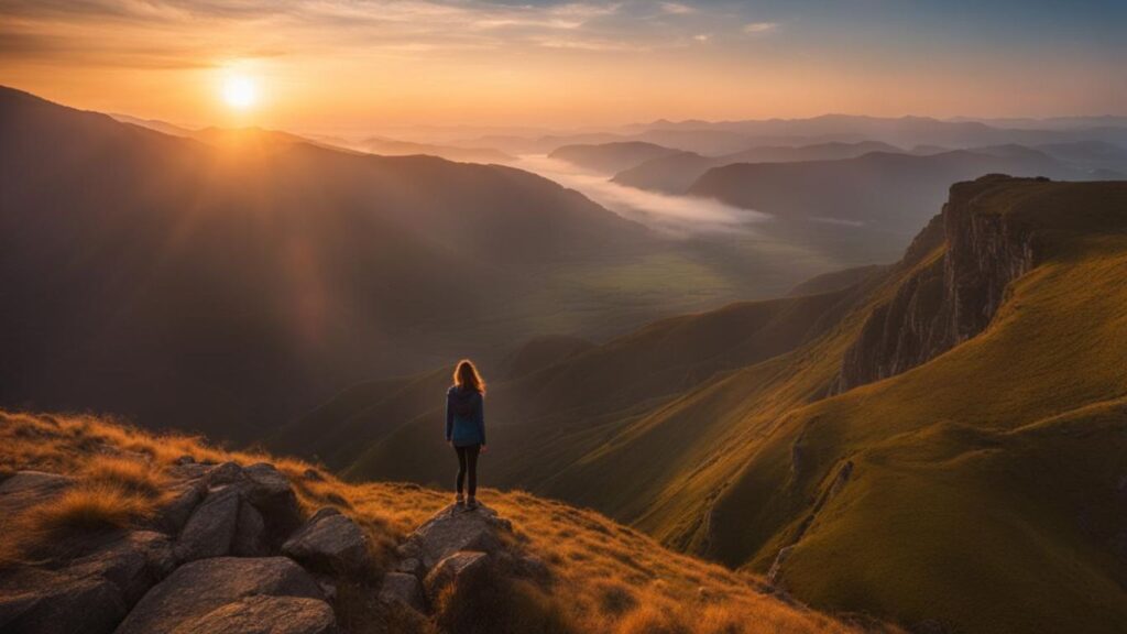 Frau steht auf einem Berg und schau dem Sonnenuntergang entgegen und fühlt die Selbstverwirklichung und die Reise zur inneren Erfüllung.