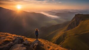 Frau steht auf einem Berg und schau dem Sonnenuntergang entgegen und fühlt die Selbstverwirklichung und die Reise zur inneren Erfüllung.