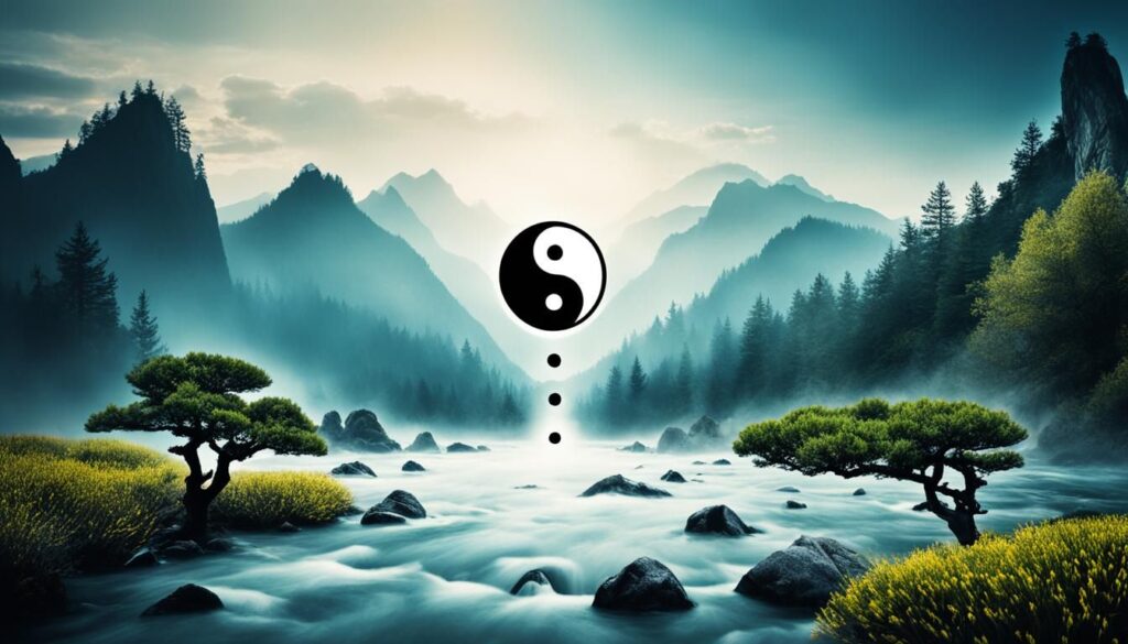 Ein Wald mit einem Fluss in der Mitte mit Steinen und dem Yin Yang Symbol in der Mitte des Bildes, dass das Zusammenspiel von Yin Yang und daoistischer Philosophie ​zeigt.